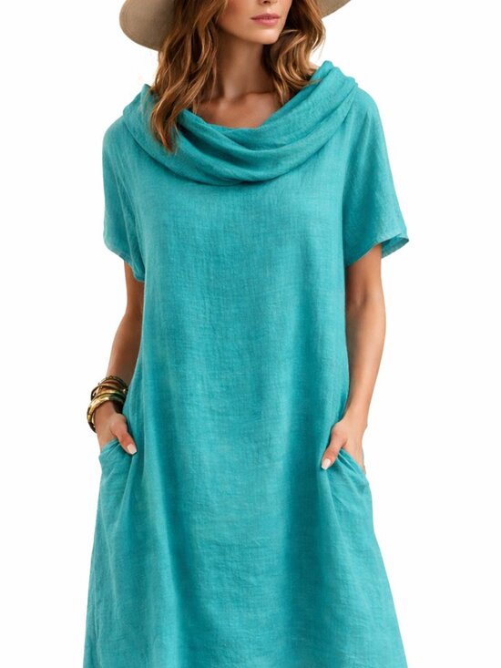 Linen Luv Dresses & Skirts - Italian Linen A-line dress with cowl neck, light turquoise green